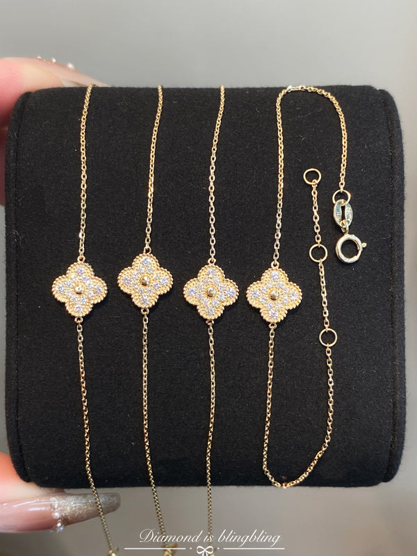 Natural Diamond Clover 18K Solid Gold Bracelet
