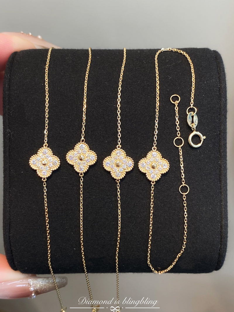 Natural Diamond Clover 18K Solid Gold Bracelet