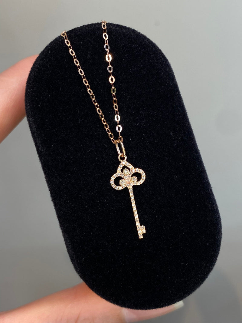 Natural Diamond 18K Solid Gold Key Necklace