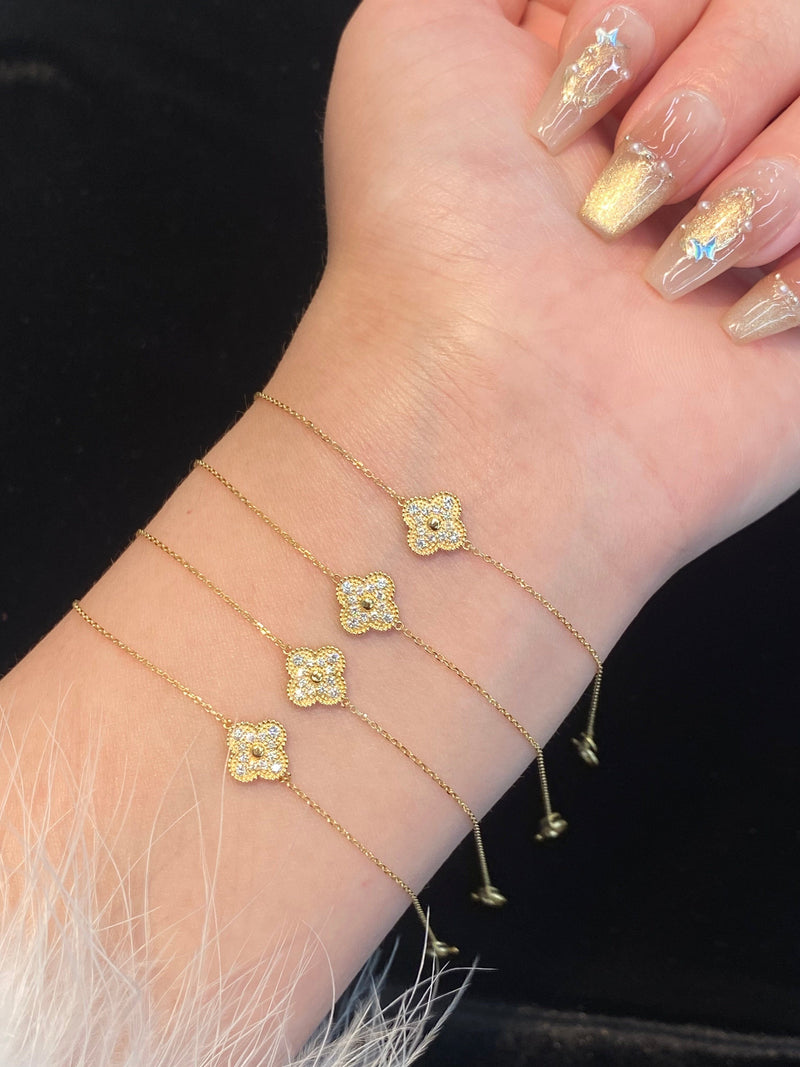 Natural Diamond Clover 18K Solid Gold Bracelet