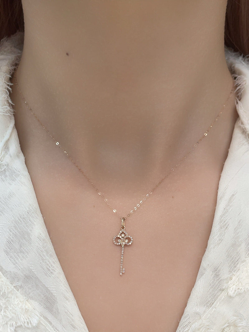 Natural Diamond 18K Solid Gold Key Necklace