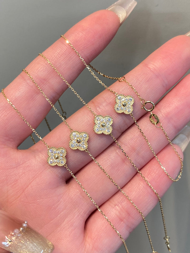 Natural Diamond Clover 18K Solid Gold Bracelet