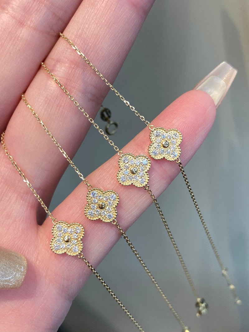 Natural Diamond Clover 18K Solid Gold Bracelet