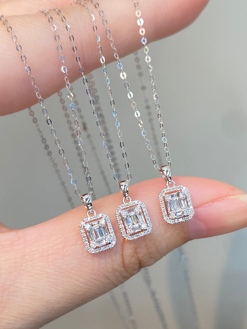 Natural Diamond 18K Solid Gold Baguette Necklace