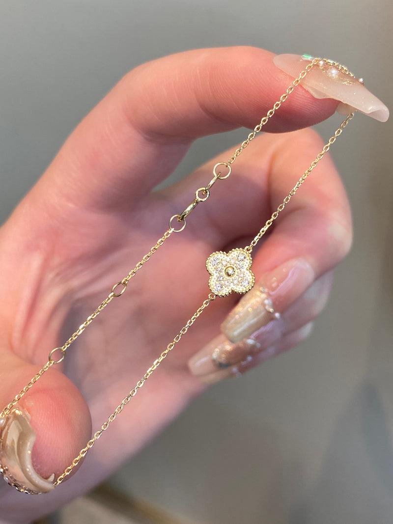 Natural Diamond Clover 18K Solid Gold Bracelet