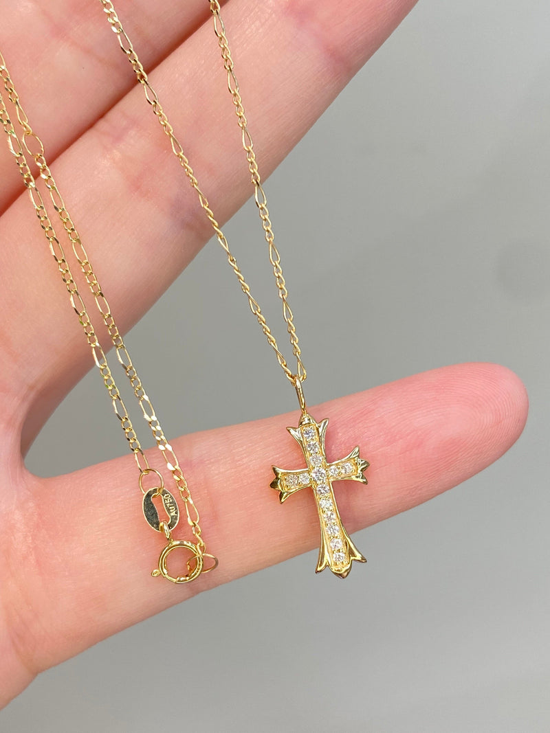 Natural Diamond 18K Solid Gold Cross Necklace