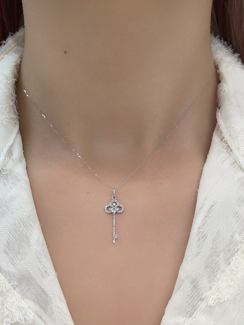 Natural Diamond 18K Solid Gold Key Necklace