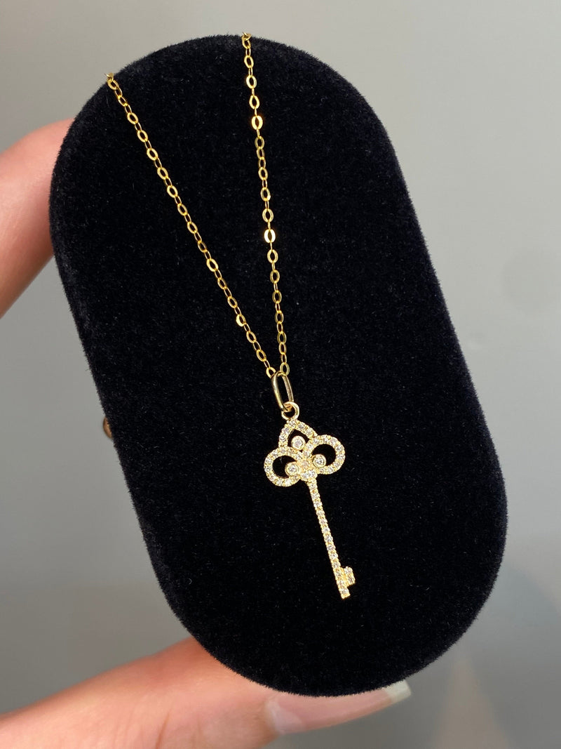Natural Diamond 18K Solid Gold Key Necklace