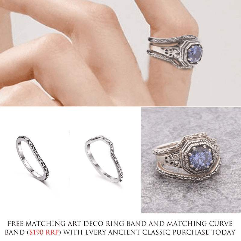 Ancient Classic Ring And Bonus Art-Deco Band and Curve Band 3 Ring Set XVIII Collection (Free Moissanite Upgrade for April Only)